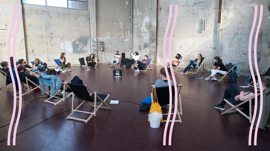 People sitting in a circle, pink curved lines as overlay