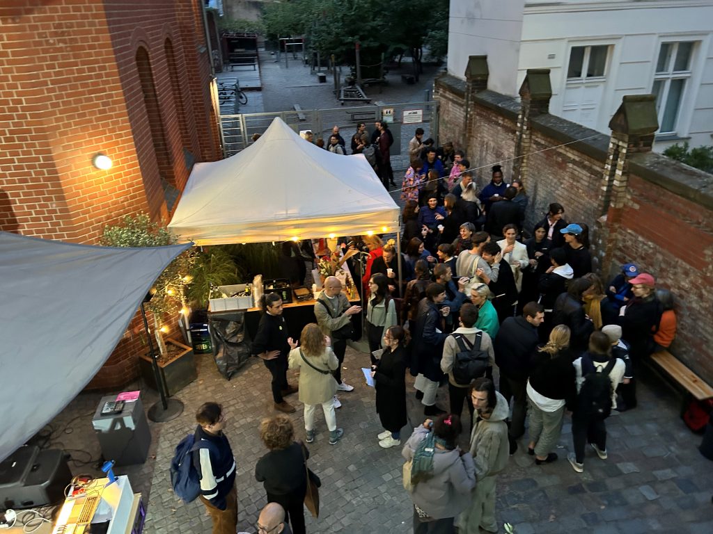Crowd in a courtyard viewed from above