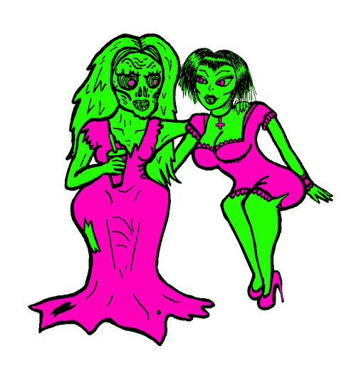 Gruselige Gestalten in neongrün mit pinken Kleidern