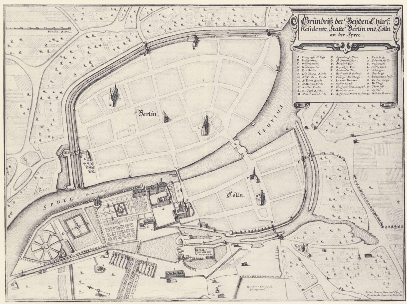 Grundriss der beiden kurfürstlichen Residenzstädte Berlin und Cölln, Johann Gregor Memhardt, 1652, Bild: Wikimedia Commons