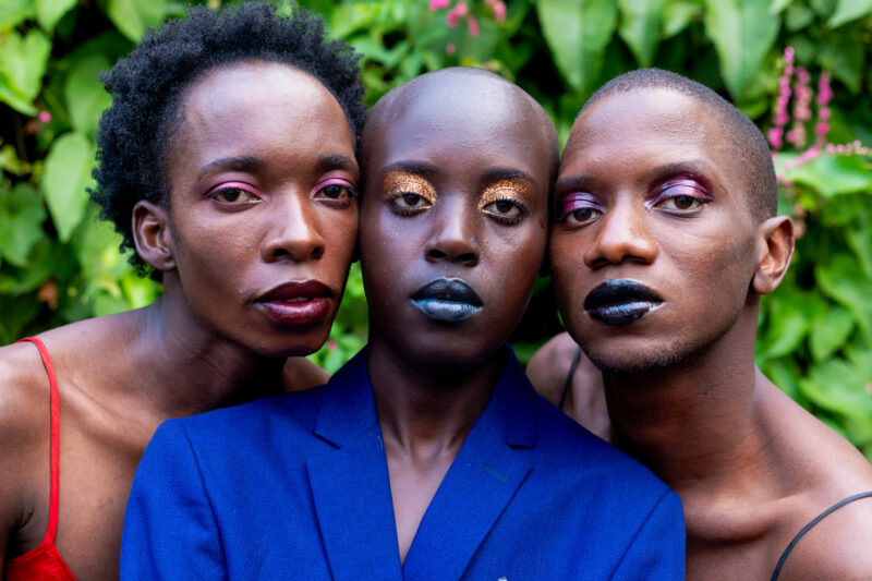 Drei Köpfe gucken in die Kamera