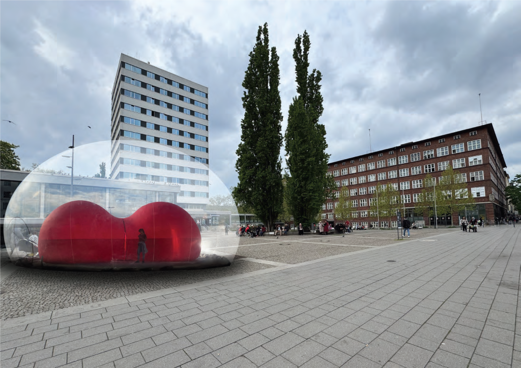 Durchsichtige Sphäre mit roter Installation darin auf einem Platz