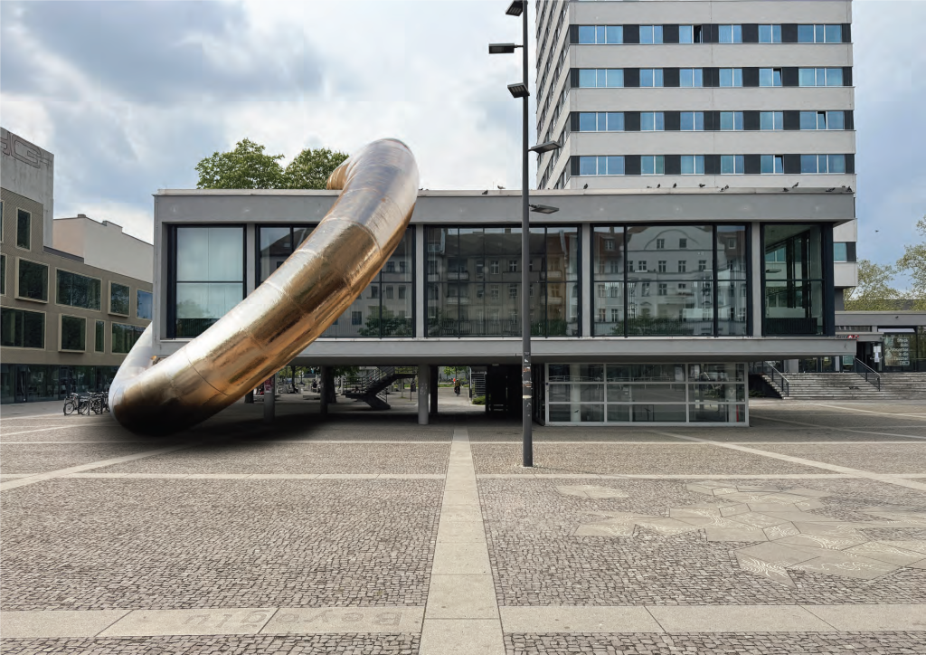 Flaches Gebäude mit riesigem Goldring umschlungen