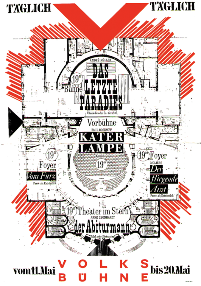 Schwarz-weiß-rot gestaltetes Plakat mit prominentem Buchstabend V