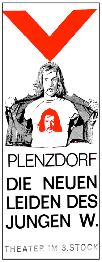 Rotes V, darunter Ein Mann mit offener Jacke